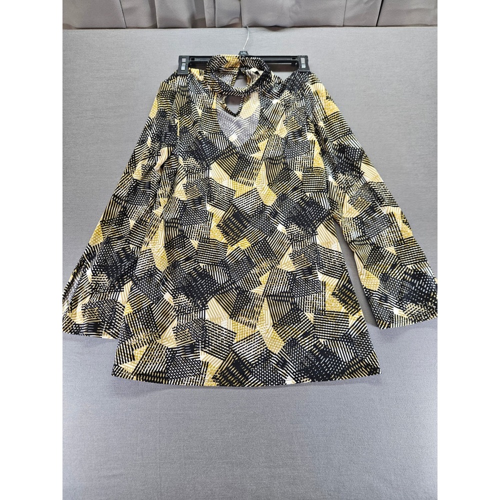 Cato Geometric Abstract Print Mock Neck Keyhole Blouse Black Yellow Small